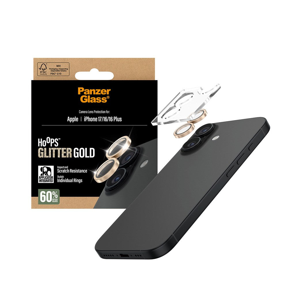 PanzerGlass iPhone 17 / 16 / 16 Plus Hoops Kameralinsebeskyttelse med Installasjonsramme - Glitter Gull