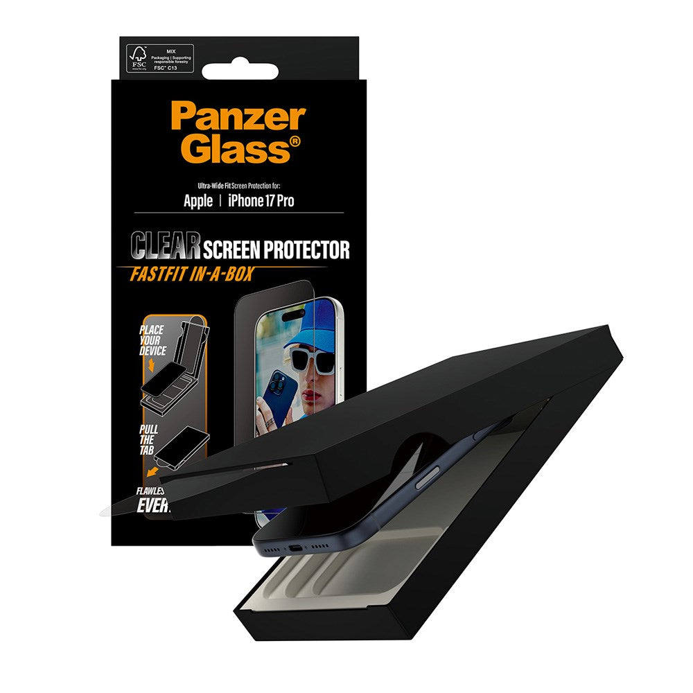 PanzerGlass iPhone 17 Pro Skjermbeskytterglass med FastFit In-A-Box - Ultra Wide Fit - Gjennomsiktig