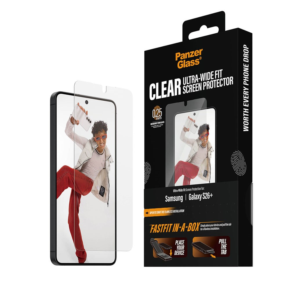 Samsung Galaxy S26+ (Plus) PanzerGlass Skjermbeskyttelsesglass m. FastFit In-A-Box - Ultra Wide Fit - Gjennomsiktig