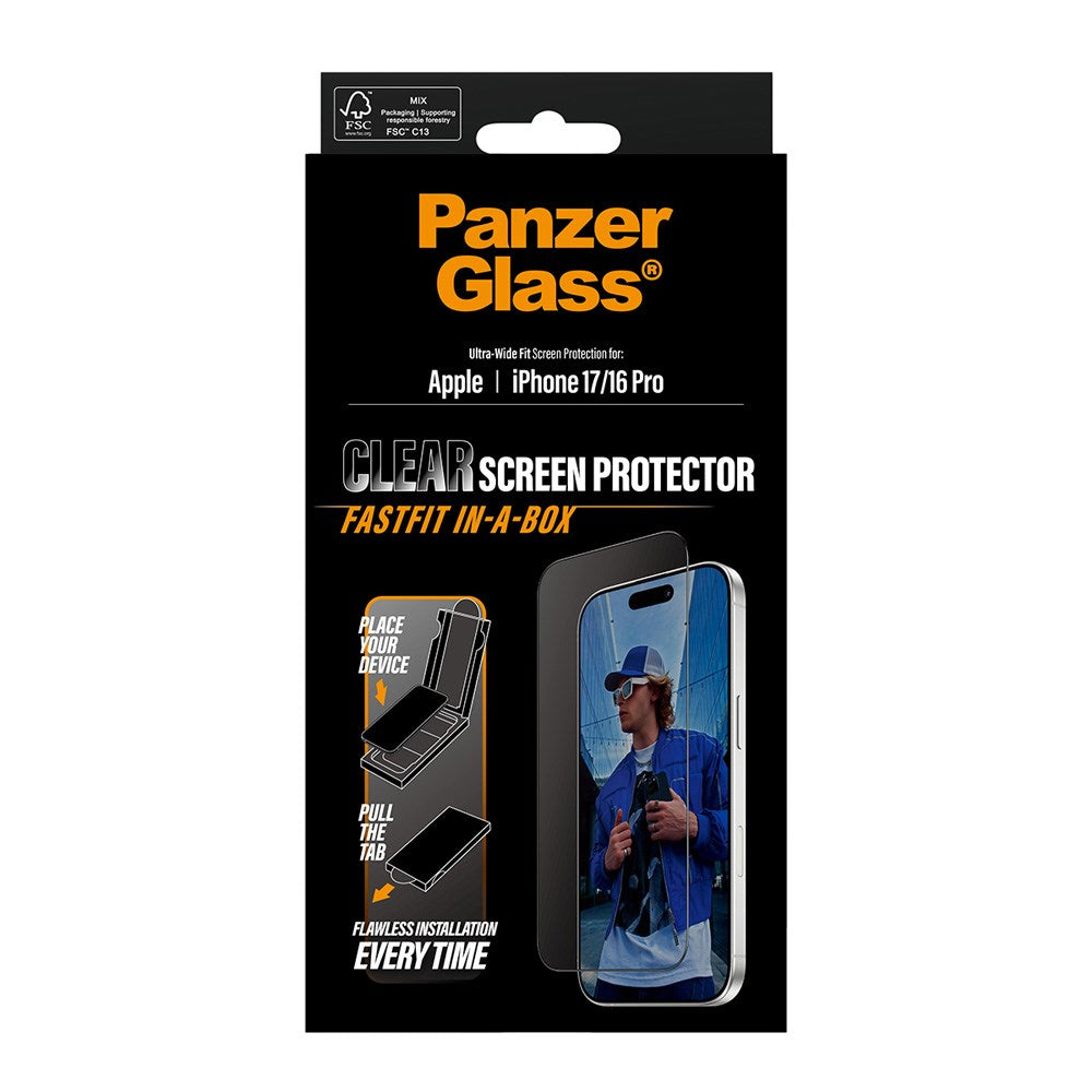 PanzerGlass iPhone 17 / 16 Pro Skjermbeskytterglass med FastFit In-A-Box - Ultra Wide Fit - Gjennomsiktig