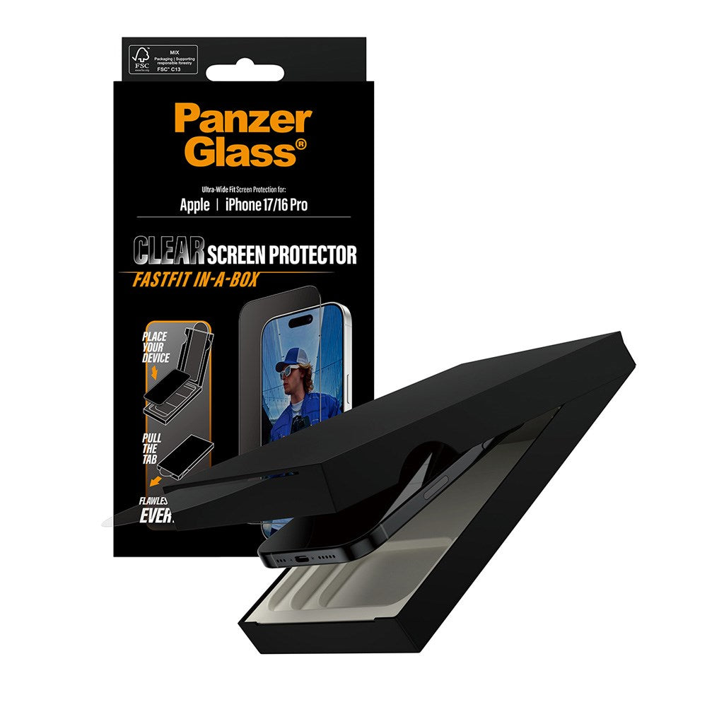 PanzerGlass iPhone 17 / 16 Pro Skjermbeskytterglass med FastFit In-A-Box - Ultra Wide Fit - Gjennomsiktig