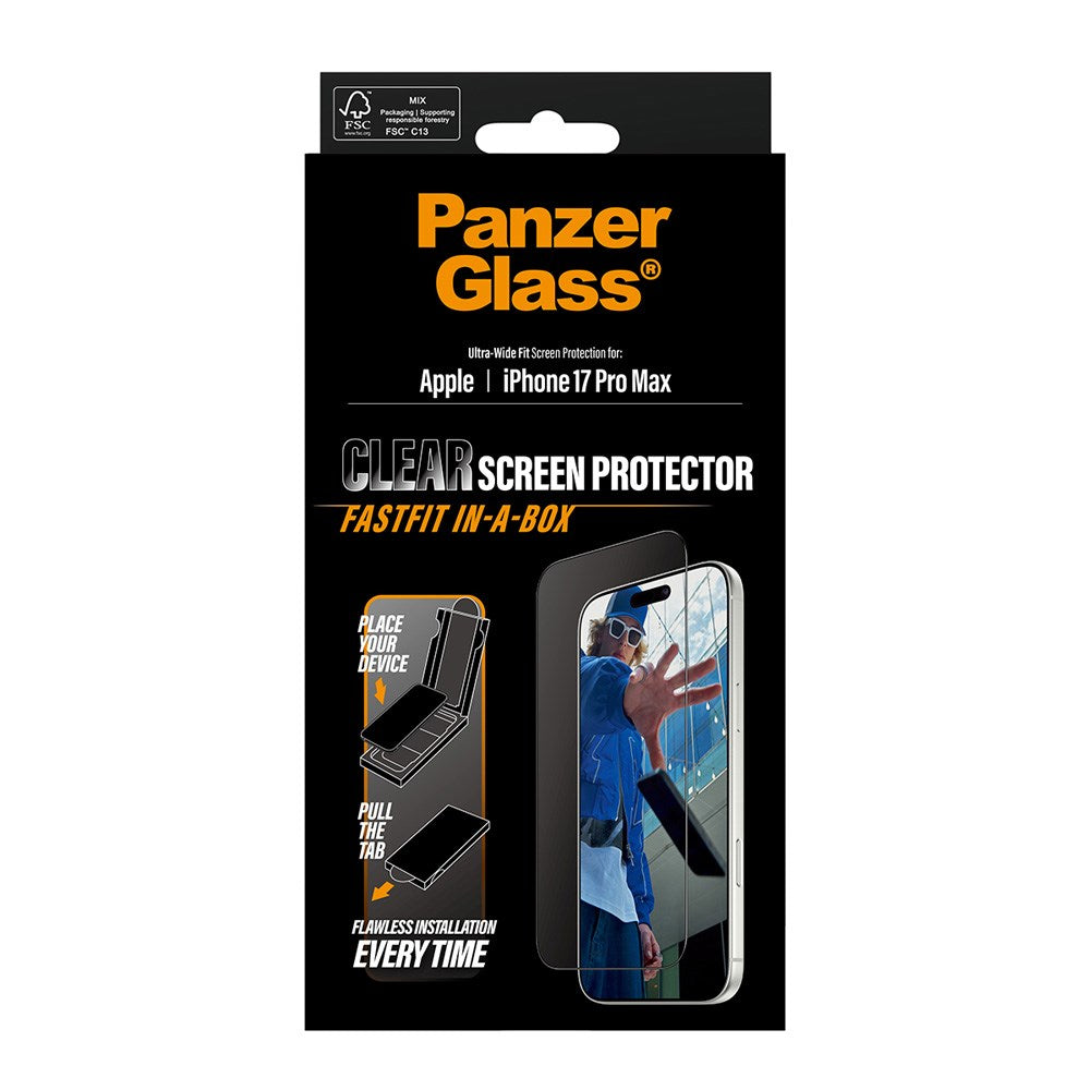 PanzerGlass iPhone 17 Pro Max Skjermbeskytterglass med FastFit In-A-Box - Ultra Wide Fit - Gjennomsiktig