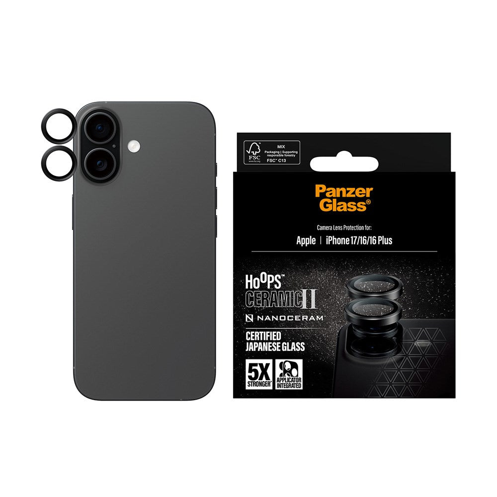 PanzerGlass iPhone 17 / 16 / 16 Plus Ceramic Hoops Kameralinsebeskyttelse med Monteringsramme - Svart