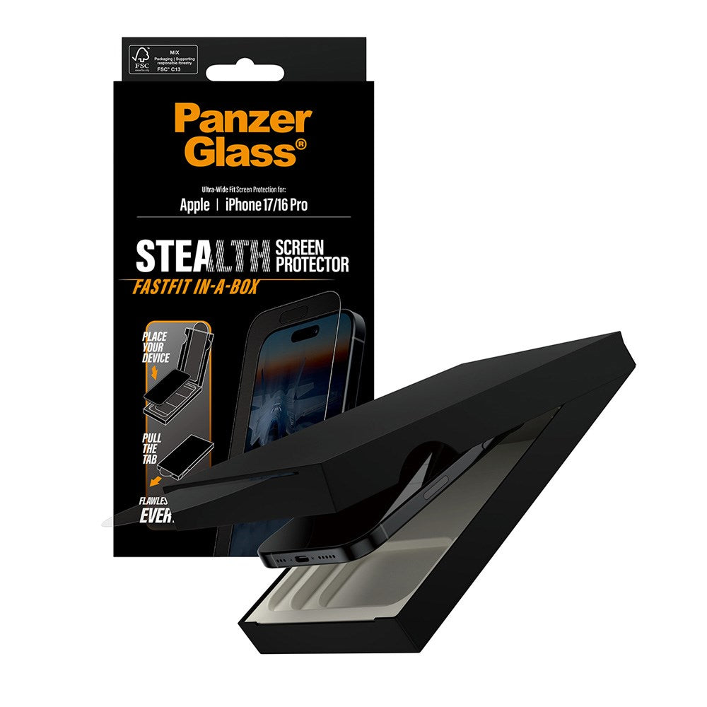 PanzerGlass iPhone 17 / 16 Pro Stealth Skjermbeskyttelse - Ultra-Wide Fit - Gjennomsiktig / Svart Kant