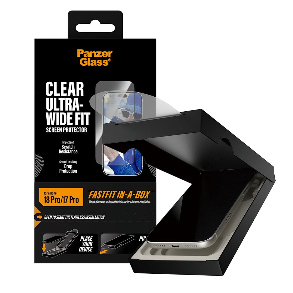 iPhone 18 Pro / 17 Pro PanzerGlass Skjermbeskyttelsesglass m. FastFit In-A-Box - Ultra Wide Fit - Gjennomsiktig