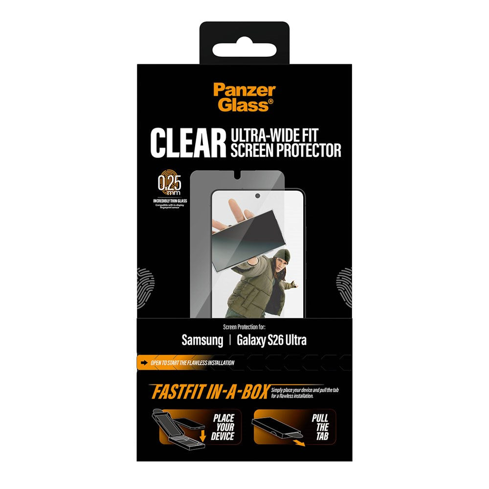 Samsung Galaxy S26 Ultra PanzerGlass Skjermbeskyttelsesglass m. FastFit In-A-Box - Ultra Wide Fit - Gjennomsiktig