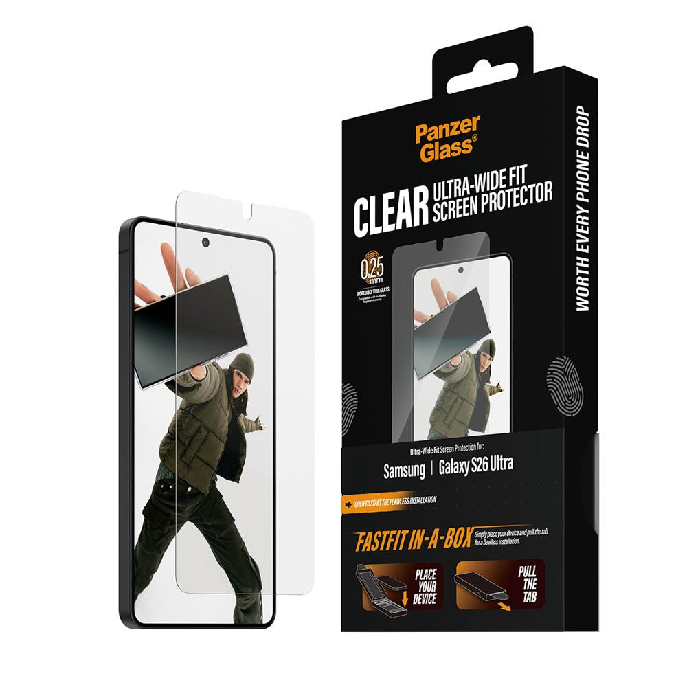 Samsung Galaxy S26 Ultra PanzerGlass Skjermbeskyttelsesglass m. FastFit In-A-Box - Ultra Wide Fit - Gjennomsiktig