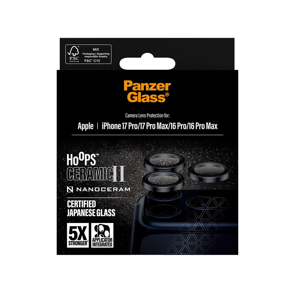 PanzerGlass iPhone 17 Pro / 17 Pro Max / 16 Pro / 16 Pro Max Ceramic Hoops Kameralinsebeskyttelse med Monteringsramme - Svart