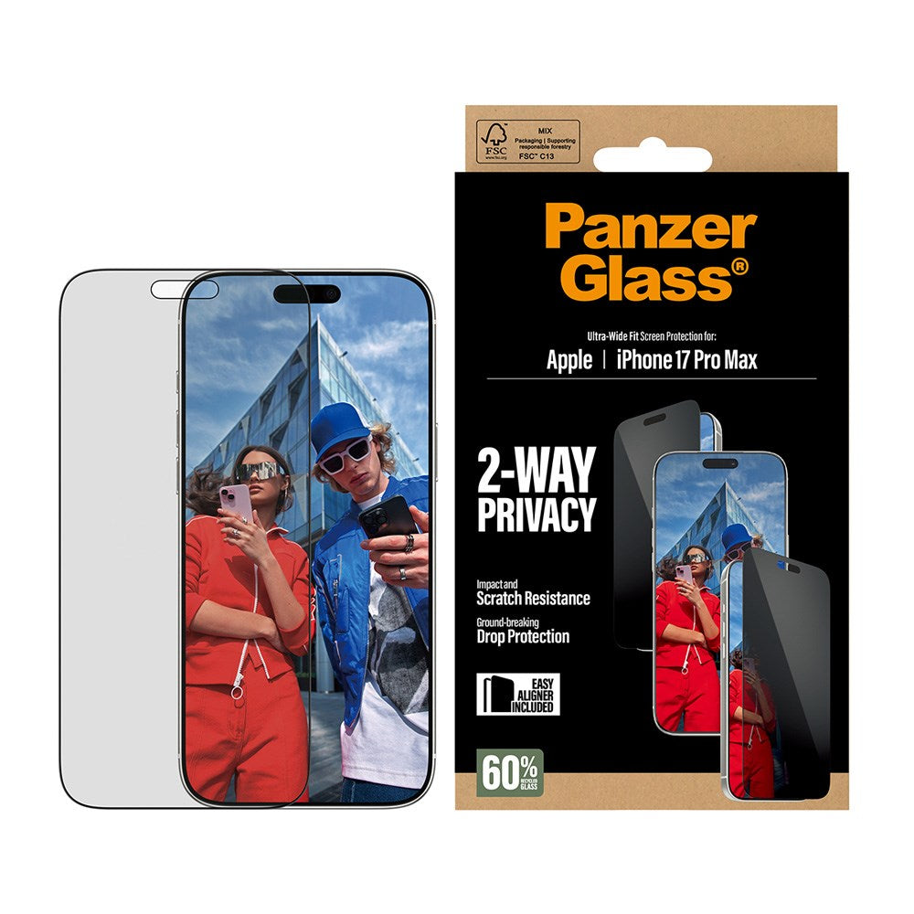 PanzerGlass iPhone 17 Pro Max 2-Way Privacy Skjermbeskyttelse - Ultra-Wide Fit - Gjennomsiktig