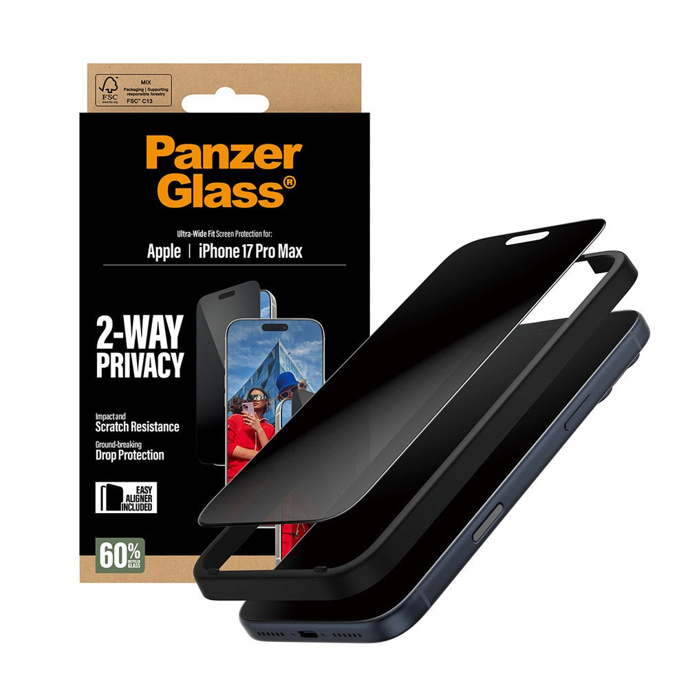PanzerGlass iPhone 17 Pro Max 2-Way Privacy Skjermbeskyttelse - Ultra-Wide Fit - Gjennomsiktig