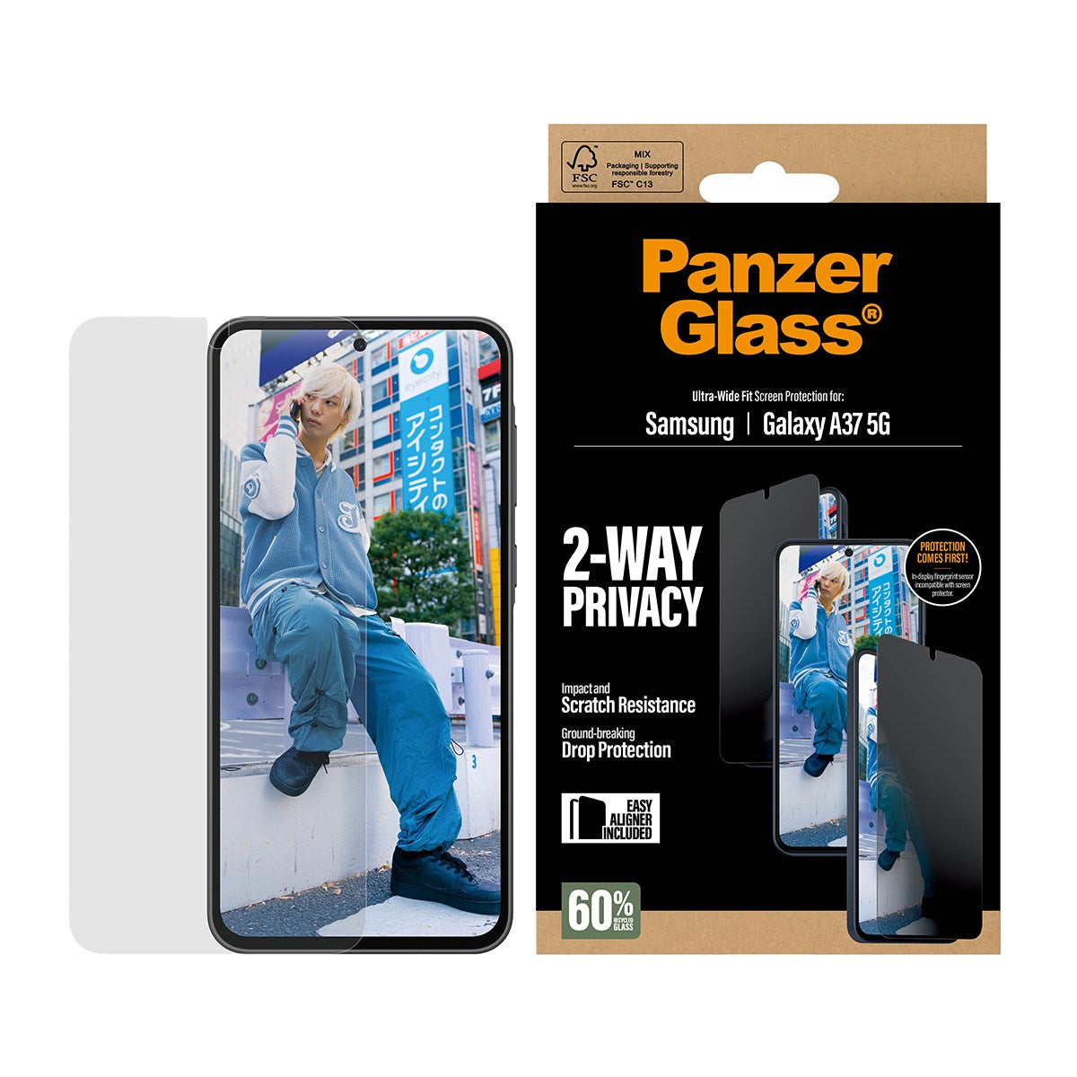 Samsung Galaxy A37 PanzerGlass 2-Way Privacy Skjermbeskyttelse med EasyAligner - Gjennomsiktig