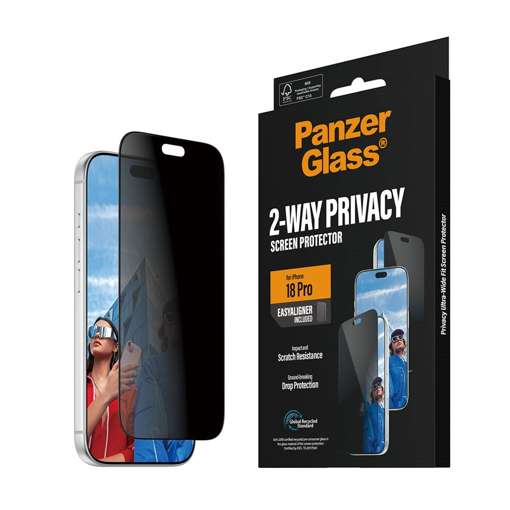 iPhone 18 Pro PanzerGlass Skjermbeskyttelsesglass - Ultra Wide Fit med EasyAligner - Privacy - Gjennomsiktig