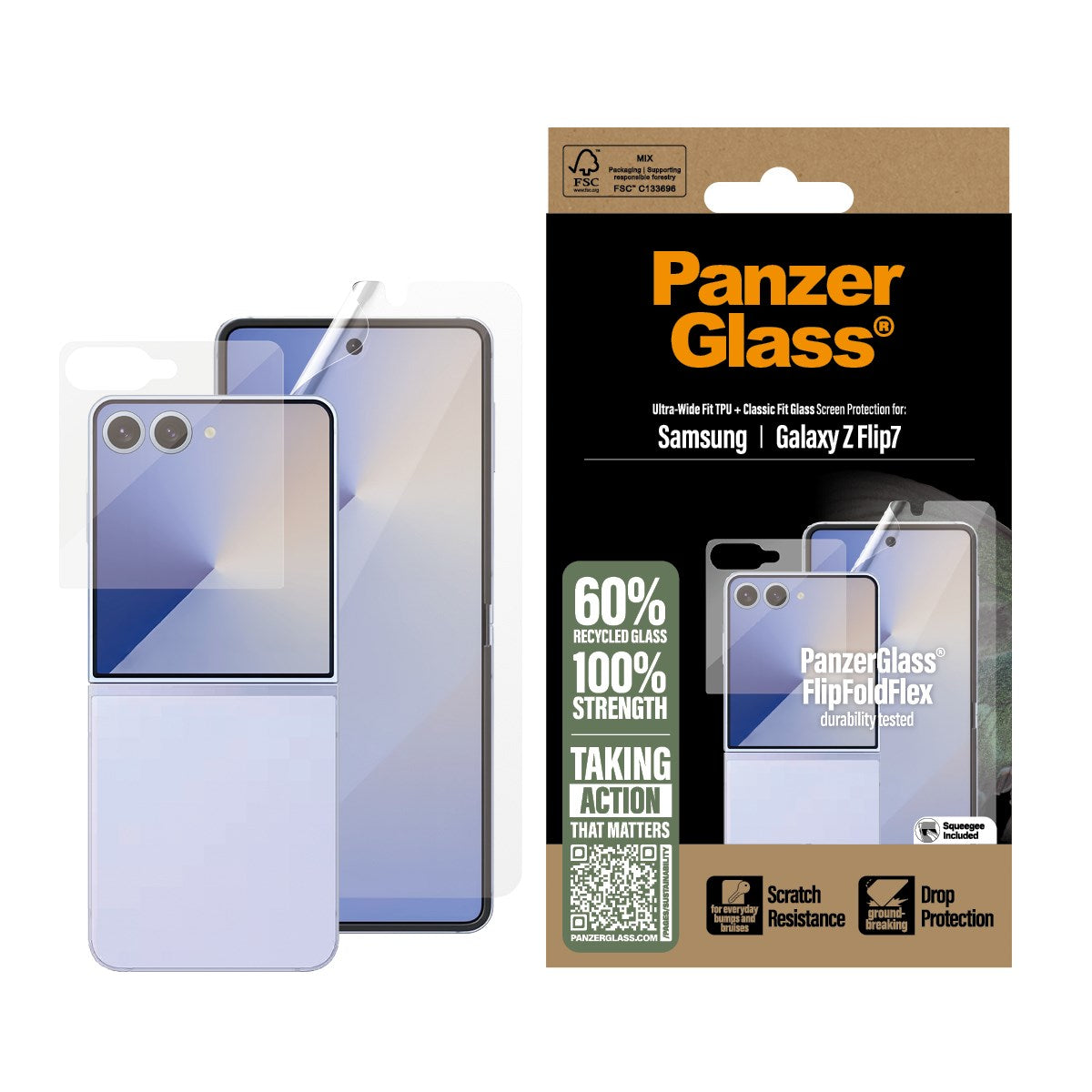 Samsung Galaxy Z Flip7 PanzerGlass FlipFoldFlex Ultra Wide Fit Film og Classic Fit Glass - Gjennomsiktig