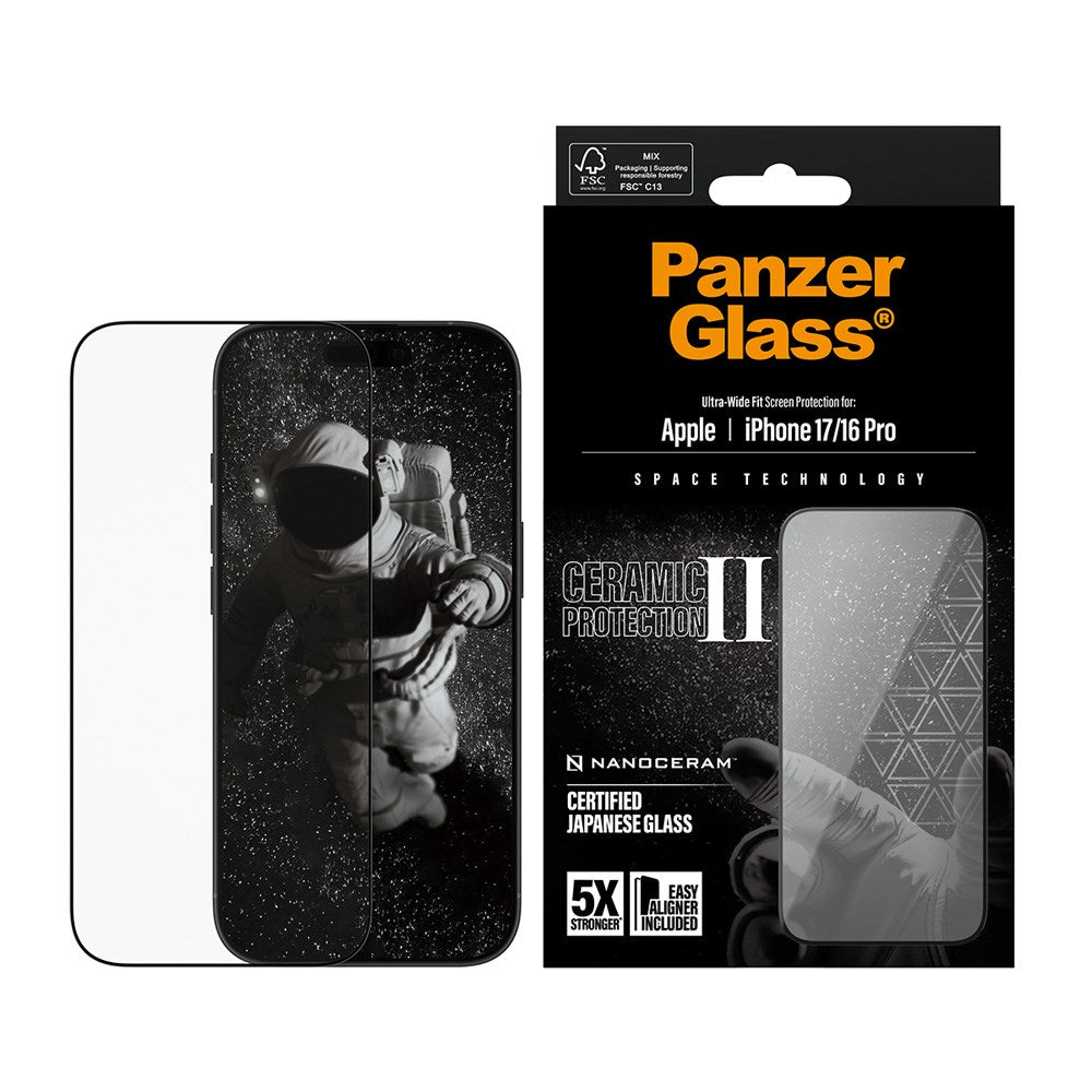 PanzerGlass iPhone 17 / 16 Pro Ceramic Skjermbeskyttelse med EasyAligner - Ultra Wide Fit - Gjennomsiktig