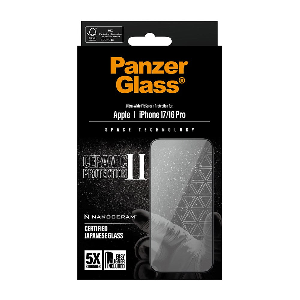 PanzerGlass iPhone 17 / 16 Pro Ceramic Skjermbeskyttelse med EasyAligner - Ultra Wide Fit - Gjennomsiktig