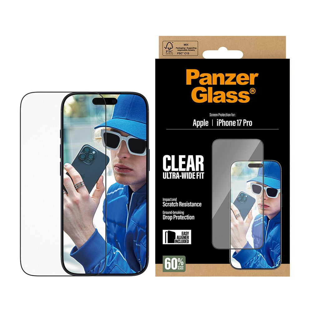 PanzerGlass iPhone 17 Pro Skjermbeskytterglass med EasyAligner - Ultra Wide Fit - Gjennomsiktig