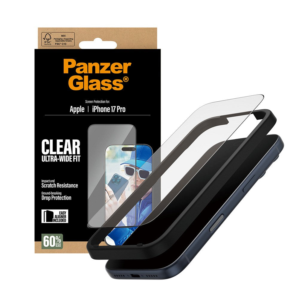 PanzerGlass iPhone 17 Pro Skjermbeskytterglass med EasyAligner - Ultra Wide Fit - Gjennomsiktig