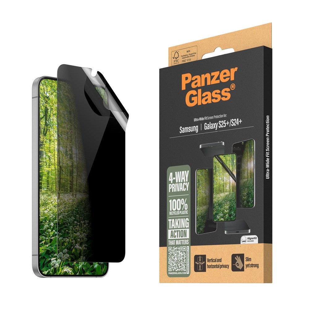 Samsung Galaxy S25+ (Plus) PanzerGlass Eco Matrix 4-Way Privacy Skjermbeskyttelse Ultra Wide Fit - Aligner Kit - Platinum Strength - Gjennomsiktig
