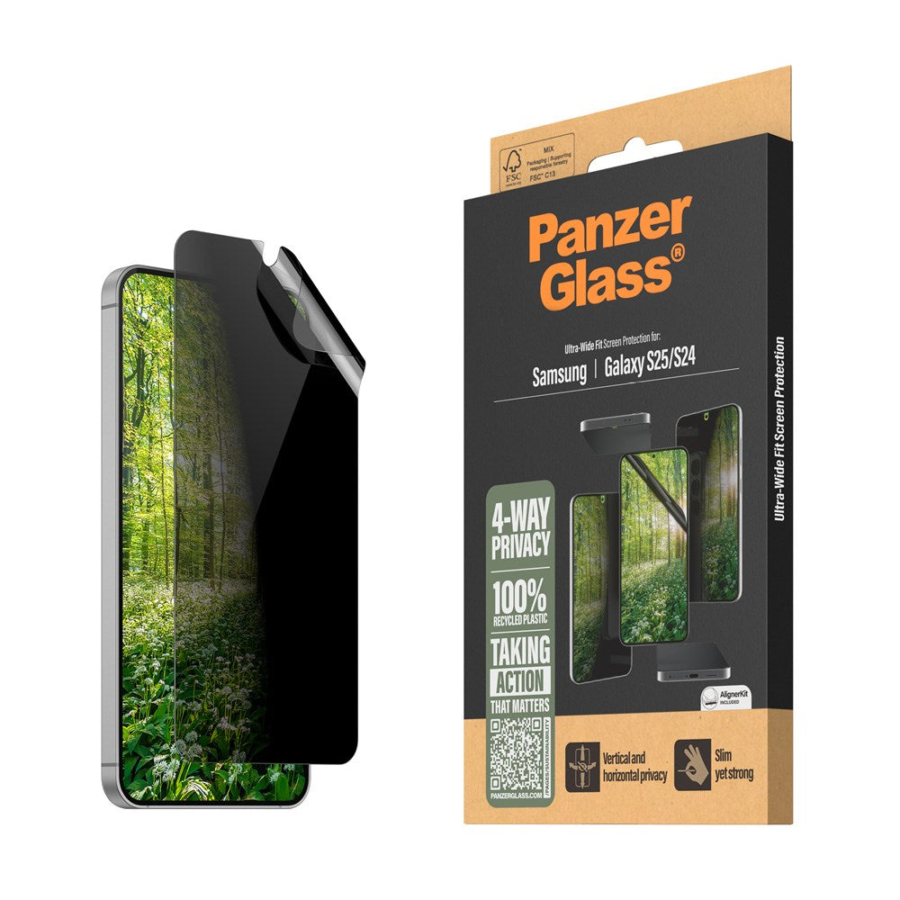 Samsung Galaxy S25 PanzerGlass Eco Matrix 4-Way Privacy Skjermbeskyttelse Ultra Wide Fit - Aligner Kit - Platinum Strength - Gjennomsiktig