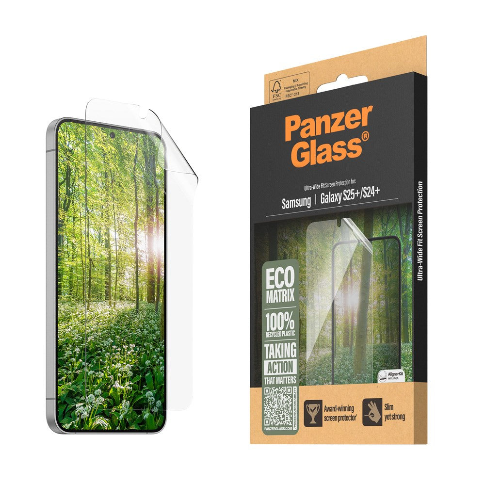 Samsung Galaxy S25+ (Plus) PanzerGlass Eco Matrix Skjermbeskytter Ultra Wide Fit - Aligner Kit - Platinum Strength - Gjennomsiktig