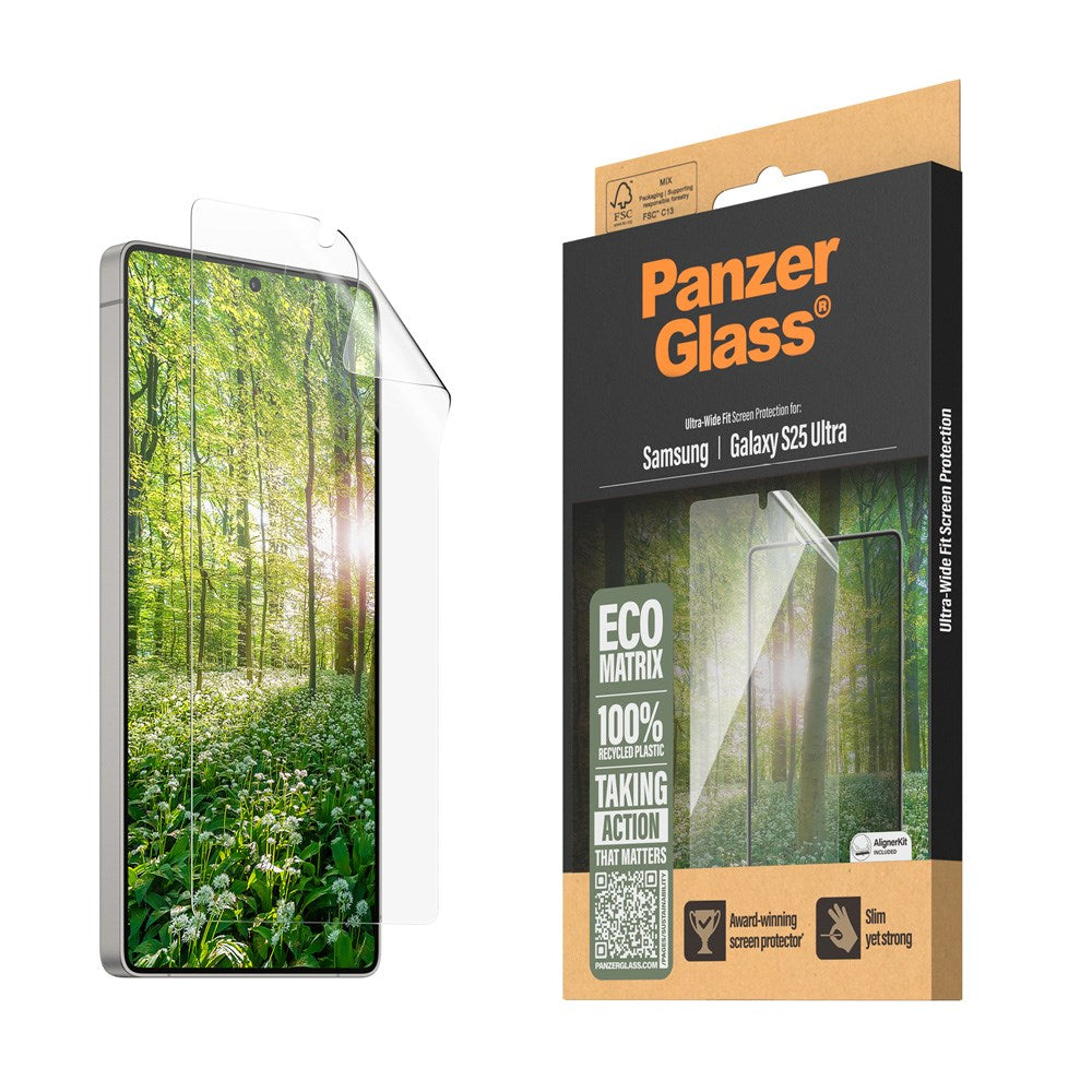 Samsung Galaxy S25 Ultra PanzerGlass Eco Matrix Skjermbeskytter Ultra Wide Fit - Aligner Kit - Platinum Strength - Gjennomsiktig