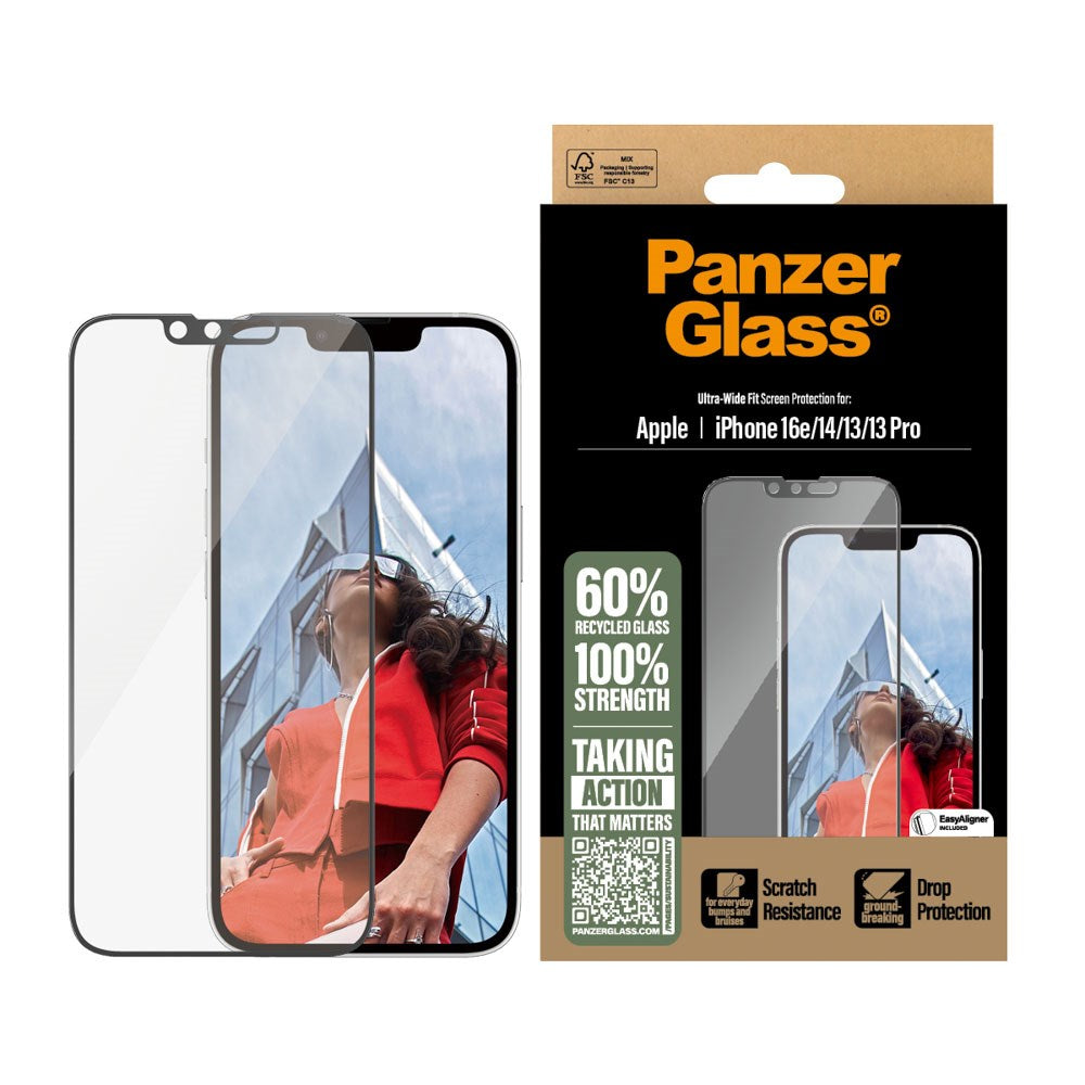 PanzerGlass® Skjermbeskytter - Ultra-Wide Fit for iPhone 16e / 14 / 13 / 13 Pro med EasyAligner - Gjennomsiktig