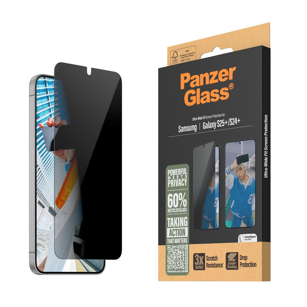 PanzerGlass Samsung Galaxy S25+ (Plus) - Ultra-Wide Fit Skjermbeskyttelsesglass - Privacy Funksjon - Gjennomsiktig