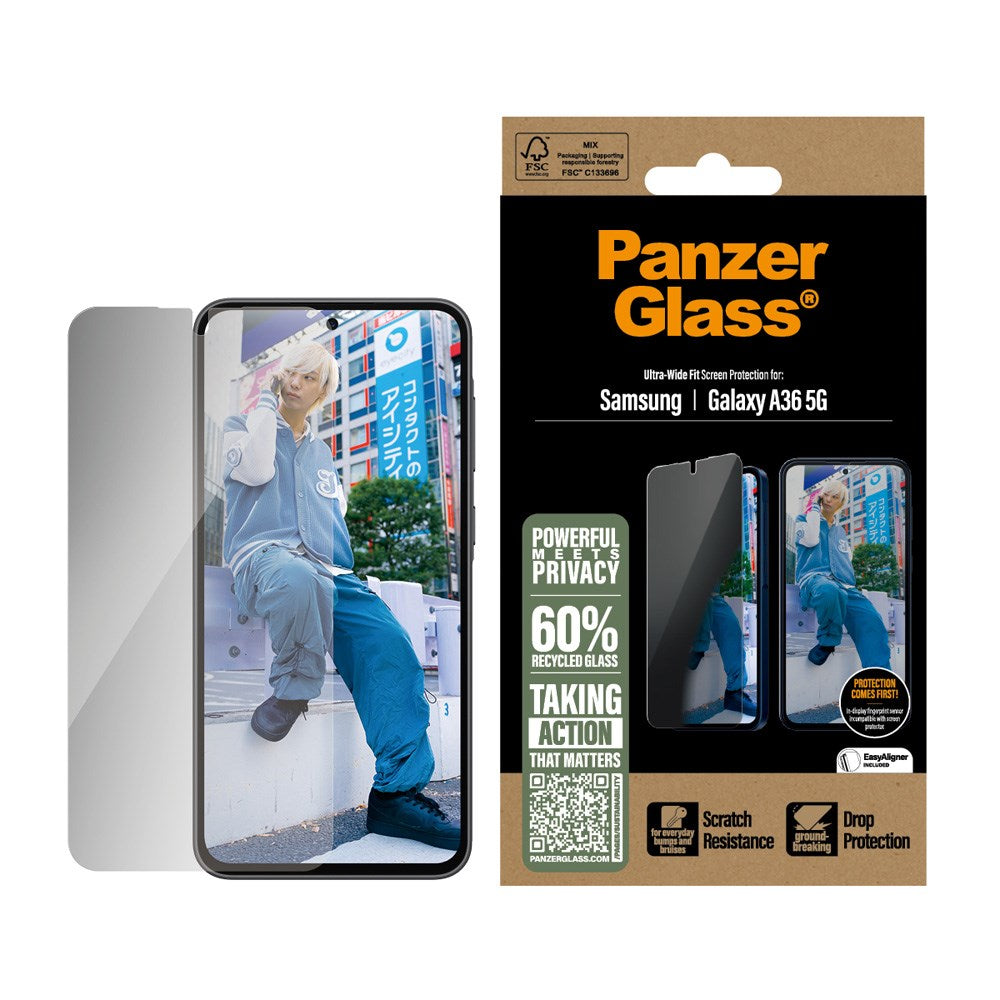 Samsung Galaxy A36 (5G) PanzerGlass Ultra Wide Fit Privacy Skjermbeskyttelse m. EasyAligner - Gjennomsiktig