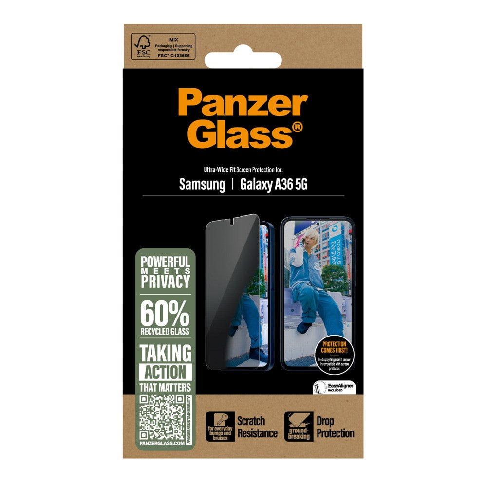 Samsung Galaxy A36 (5G) PanzerGlass Ultra Wide Fit Privacy Skjermbeskyttelse m. EasyAligner - Gjennomsiktig