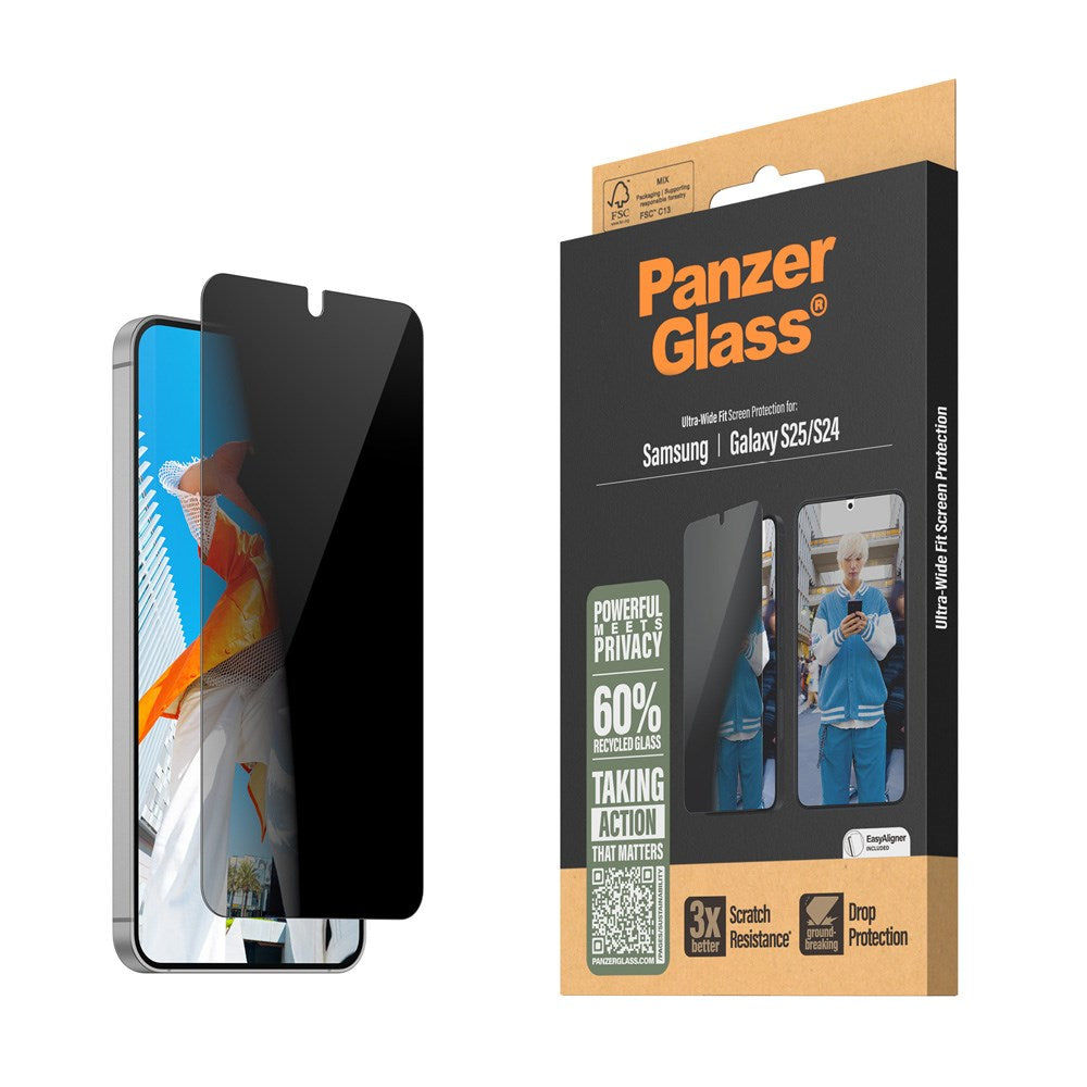 PanzerGlass Samsung Galaxy S25 - Ultra-Wide Fit Skjermbeskyttelsesglass - Privacy Funksjon - Gjennomsiktig