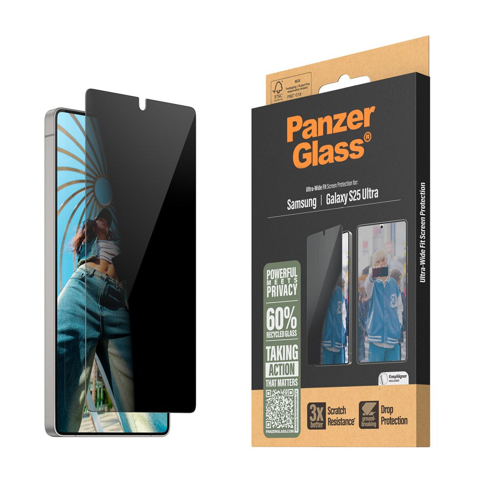 PanzerGlass Samsung Galaxy S25 Ultra - Ultra-Wide Fit Skjermbeskyttelsesglass - Privacy Funksjon - Gjennomsiktig
