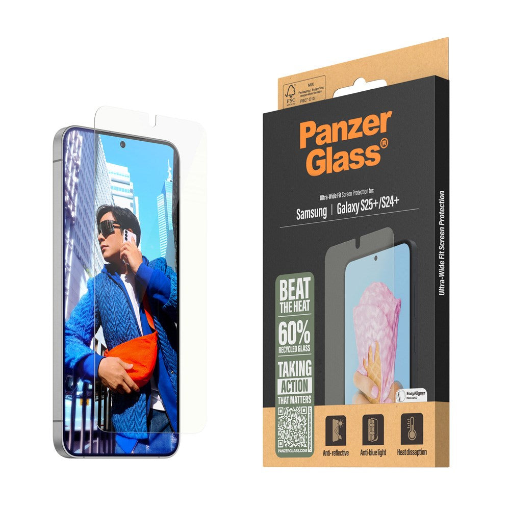 Samsung Galaxy S25+ (Plus) PanzerGlass Ultra Wide Fit All-in-One Skjermbeskyttelse - Anti-Reflective - Anti-Blue Light - Heat Dissaption - Gjennomsiktig