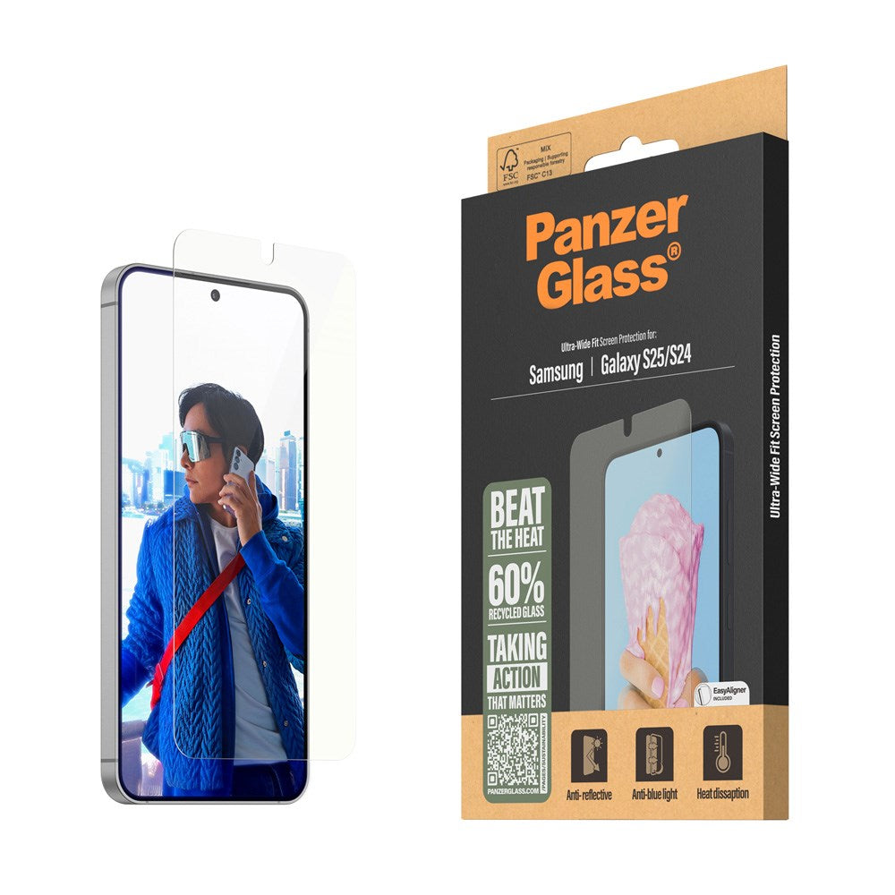 Samsung Galaxy S25 PanzerGlass Ultra Wide Fit All-in-One Skjermbeskyttelse - Anti-Reflective - Anti-Blue Light - Heat Dissaption - Gjennomsiktig