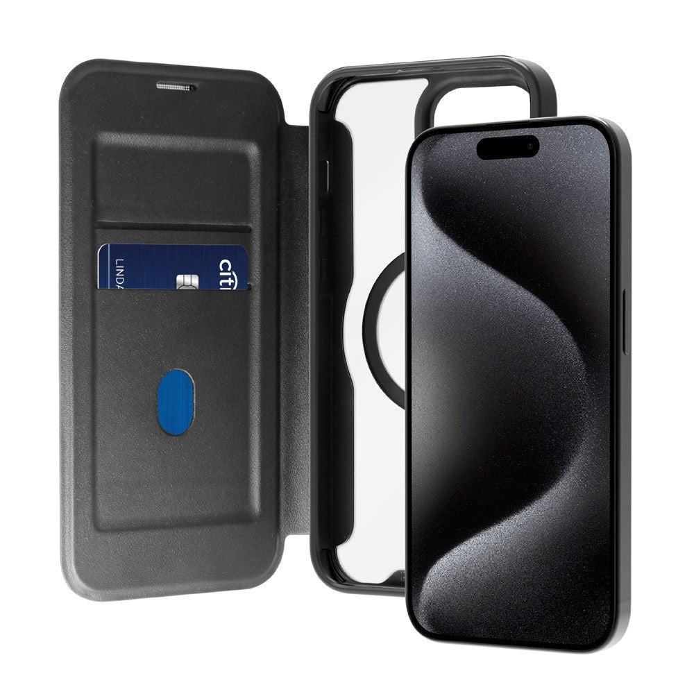 Puro Booklet Case Magsafe for iPhone 15 Pro - Horisontal Flip + 2 Kortlommer - Svart