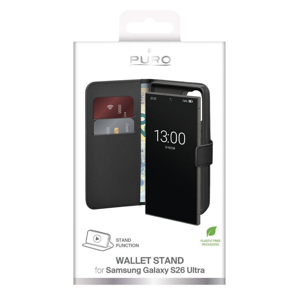 Samsung Galaxy S26 Ultra PURO Eco-Leather Flip Deksel m. Kortholder & Stativfunksjon - Svart