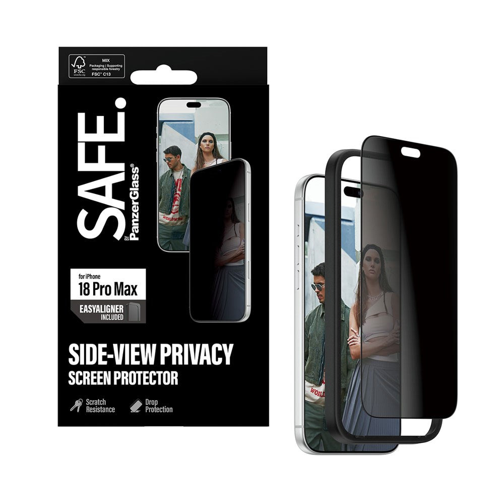 iPhone 18 Pro Max SAFE by PanzerGlass Ultra-Wide Fit Skjermbeskyttelsesglass med EasyAligner - Privacy - Gjennomsiktig