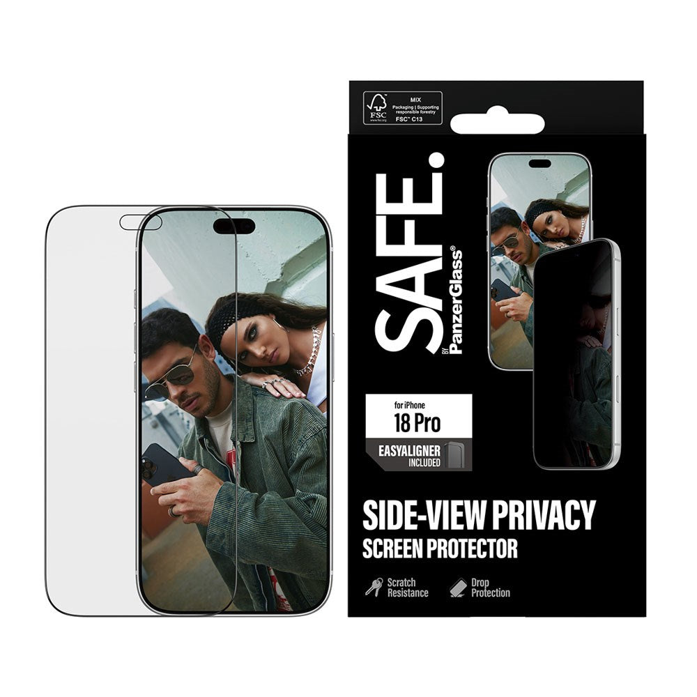 iPhone 18 Pro / 17 Pro SAFE by PanzerGlass Ultra-Wide Fit Skjermbeskyttelsesglass med EasyAligner - Privacy - Gjennomsiktig