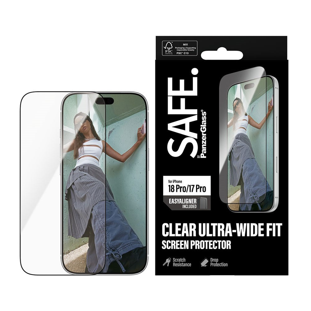 iPhone 18 Pro / 17 Pro SAFE by PanzerGlass Ultra-Wide Fit Skjermbeskyttelsesglass med EasyAligner - Gjennomsiktig