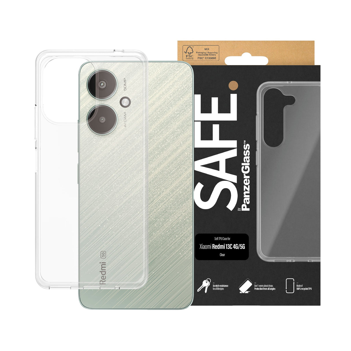 Xiaomi Redmi 13C (4G / 5G) Safe By PanzerGlass® Fleksibelt Plast Deksel - Gjennomsiktig