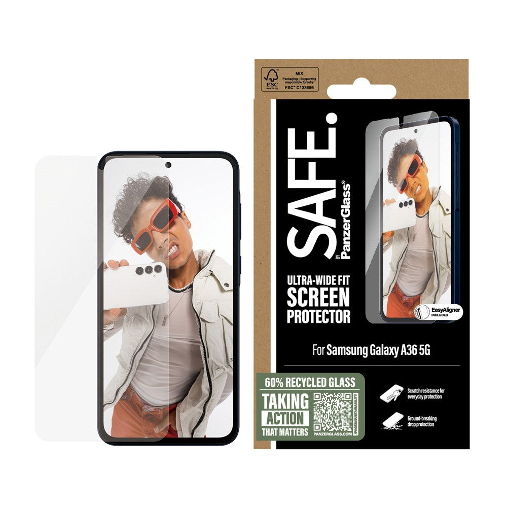 SAFE by PanzerGlass Samsung Galaxy A36 (5G) Ultra-Wide Fit Skjermbeskyttelsesglass med EasyAligner - Gjennomsiktig