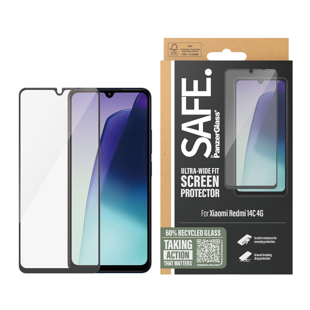Xiaomi Redmi 14C Safe By PanzerGlass® Ultra-Wide Fit Beskyttelsesglass - Case Friendly - Gold Strength - Gjennomsiktig / Svart Kant