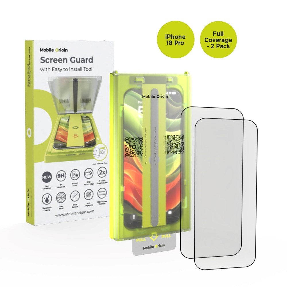 iPhone 18 Pro Mobile Origin Screen Guard Skjermbeskytterglass med Easy Applicator - 2 Stk. - Gjennomsiktig