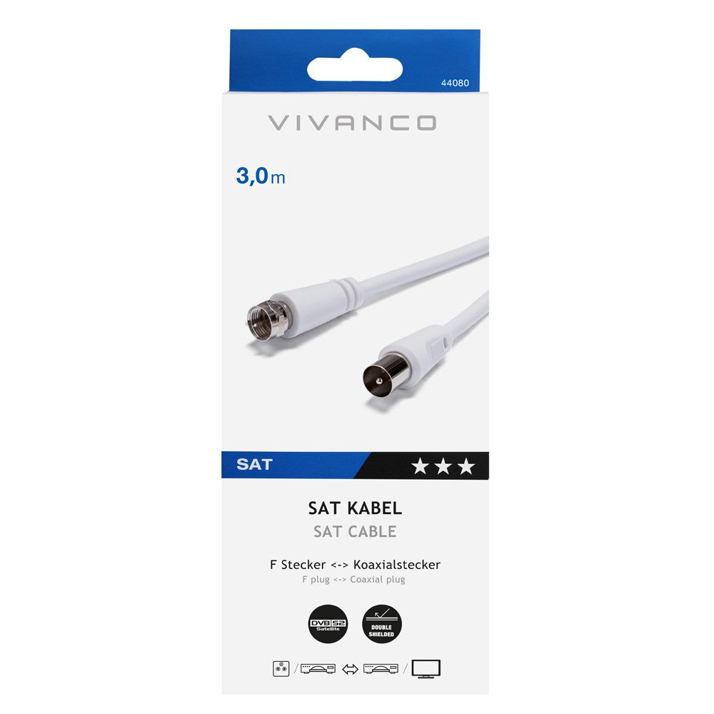 Antennekabel Type-F til Koaksial M-M - 3m Hvit