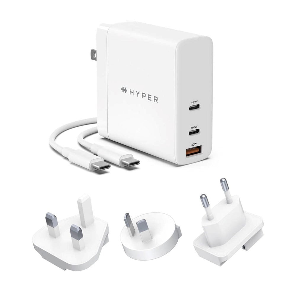 Hyper 140W GaN Vegglader med 2 x USB-C, 1 x USB-A og Reiseadaptere - Hvit