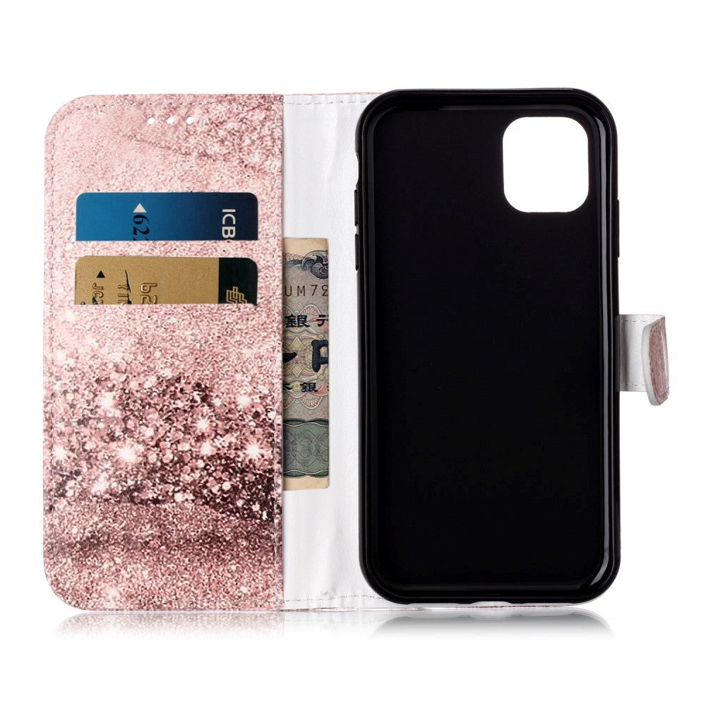 iPhone 11 Deksel i Kunstskinn med Lommebok og Trykk - Rose Gold