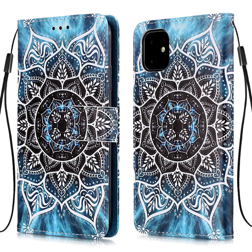 iPhone 11 Skinndeksel med Lommebok - Mandala Blomst Mønster - Blå