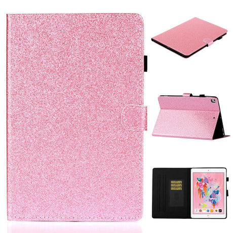 iPad 10.2" (2021 / 2020 / 2019) Glitter Deksel m. Stativfunksjoner & Kortholder - Glitter Pink