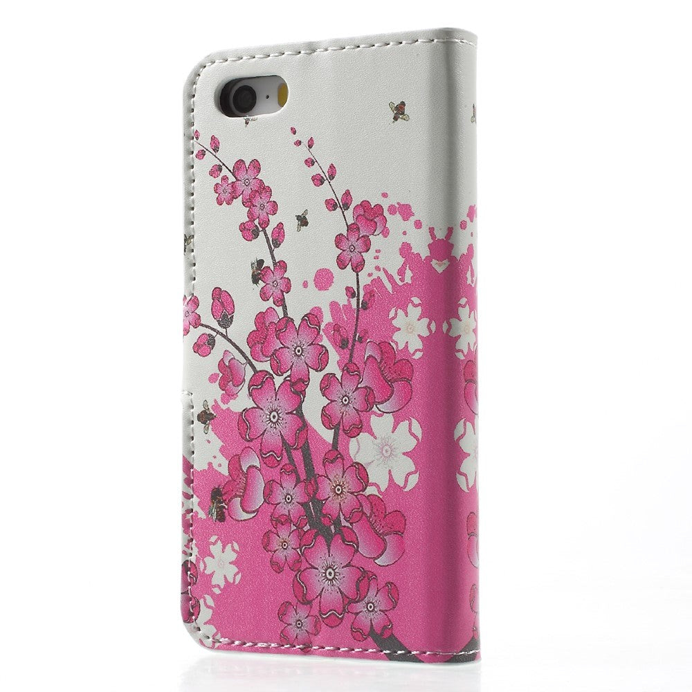 iPhone SE / 5 / 5s Deksel med Lommebok Blomster Pink/Hvit