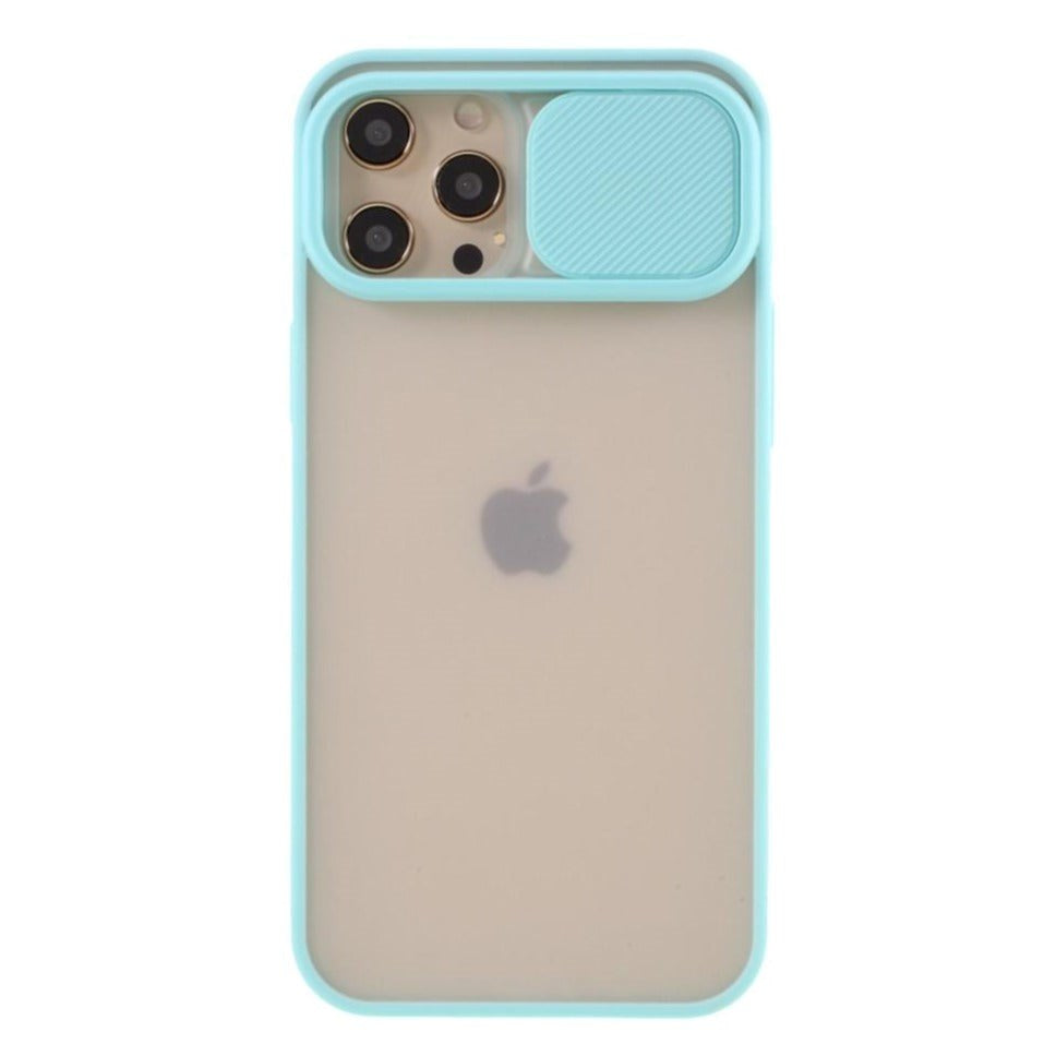 iPhone 12 Pro Max Frosted Plastik Deksel med Camslider - Cyan