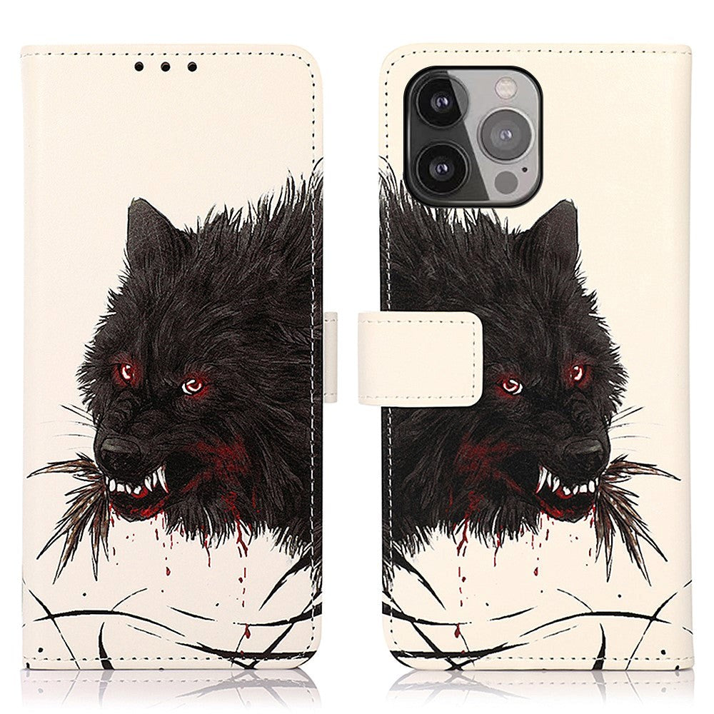 iPhone 13 Pro Max PU Skinn Flip Deksel med Kortholder - Bloody Wolf